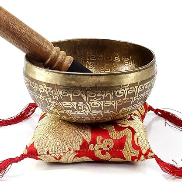 6" Mantra Carved Buddha Tibetan Singing Bowl, Hand Hammered Nepal Yoga Singing Bowls with Cushion & Mallet Striker