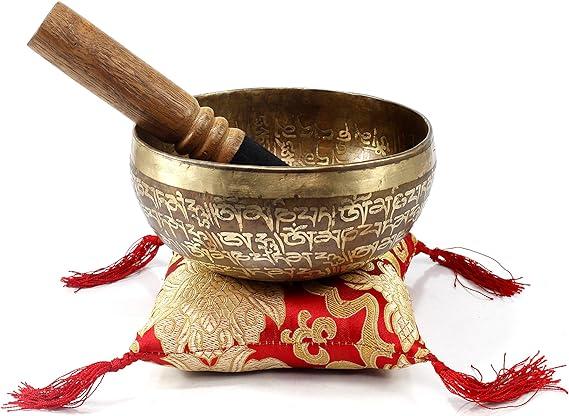 6" Mantra Carved Buddha Tibetan Singing Bowl, Hand Hammered Nepal Yoga Singing Bowls with Cushion & Mallet Striker