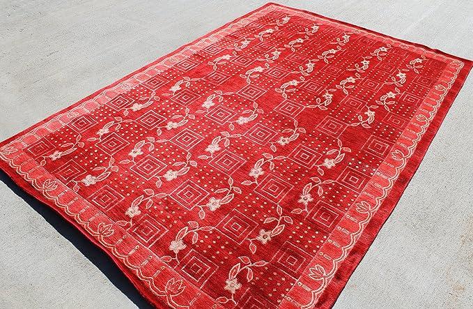Thamel Mart R1025 Gorgeous Hot Red Color Tibetan Wool and Silk Area Rug 6' X 9' Handmade in Nepal