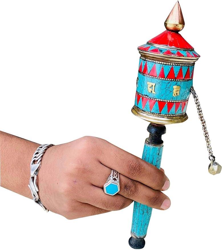 Buddhist Coper & Stone Set Hand-held Prayer Wheel - 8.5 Inch with Authentic Wooden Handle