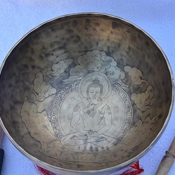 11 Inch Finest Meditation Mantra Carvsinging bowl, etching Tibetan Art and Budha, Singing Bowl With Drum