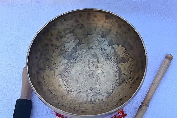 11 Inch Finest Meditation Mantra Carvsinging bowl, etching Tibetan Art and Budha, Singing Bowl With Drum