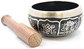 4" Exquisite Tibetan Singing Bowl Set for Meditation ~ Auspicious Eight Lucky Symbols, Buddha Eye & Dorje Painted ~ Silk Cushion & Wooden Mallet Included
