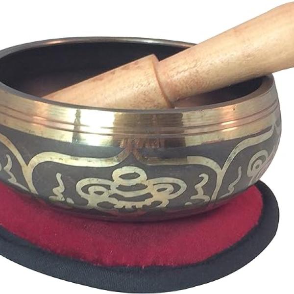 Hands of Tibet Eight Lucky Symbol Yoga Tibetan Singing Bowl with Embroidered Om Cushion