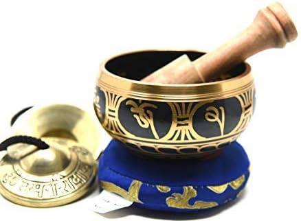 3.75" Exquisite Tibetan Singing Bowl Set for Meditation ~ Mantra Symbols Painted ~ Om Nava Sivaya Tingsha Cymbals ~ Handmade in Nepal by Thamelmart