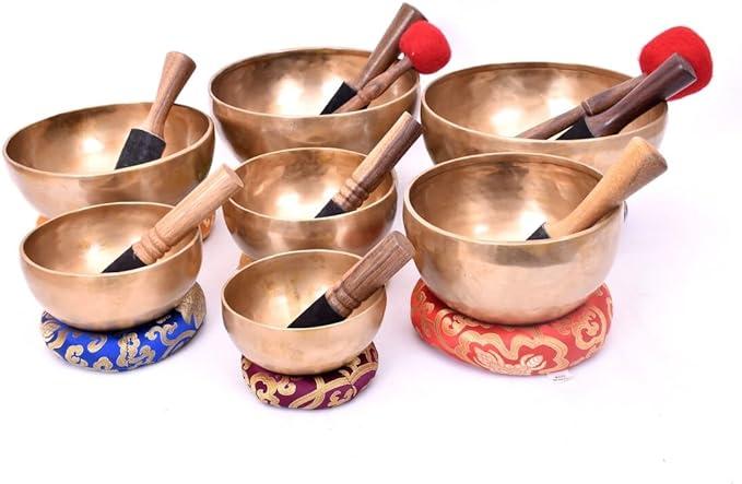 Chakra Healing Tibetan Singing Bowls Set of 7 pieces ~ Hand Hammered Himalayan Meditation Bowls ~ 5"-10" ~ included 7 Mallets, 7 cushions & 1 drum stick. Handmade in Nepal by Thamelmart
