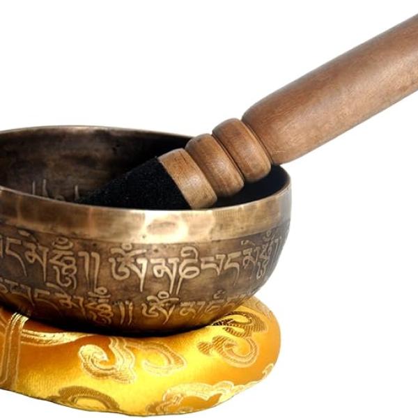 4 Inch Mantra Carved Buddha Tibetan Singing Bowl, Hand Hammered Nepal Yoga Singing Bowls with Cushion & Mallet Striker