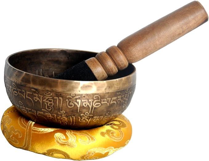 4 Inch Mantra Carved Buddha Tibetan Singing Bowl, Hand Hammered Nepal Yoga Singing Bowls with Cushion & Mallet Striker