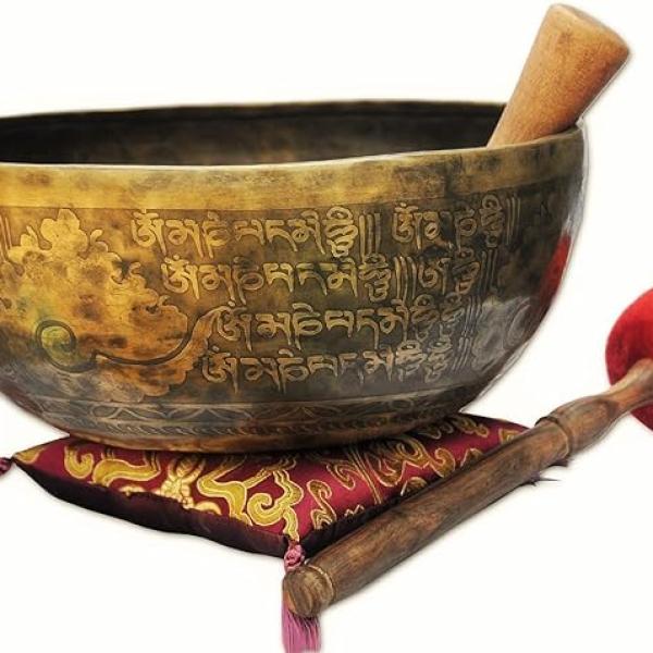 11 Inch Finest Meditation Mantra carved Singing bowl, Etching Tibetan Art Singing Bowl With Drum Stick Cushions and Mallet,Bowls from tibet