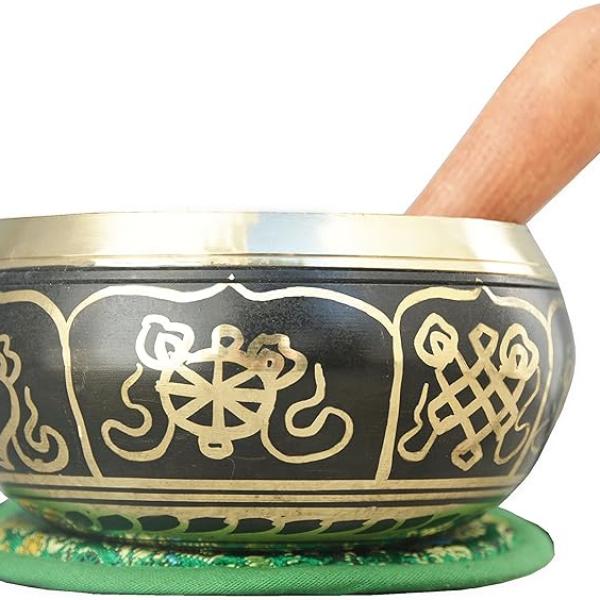 4" Exquisite Tibetan Singing Bowl Set for Meditation ~ Auspicious Eight Lucky Symbols, Buddha Eye