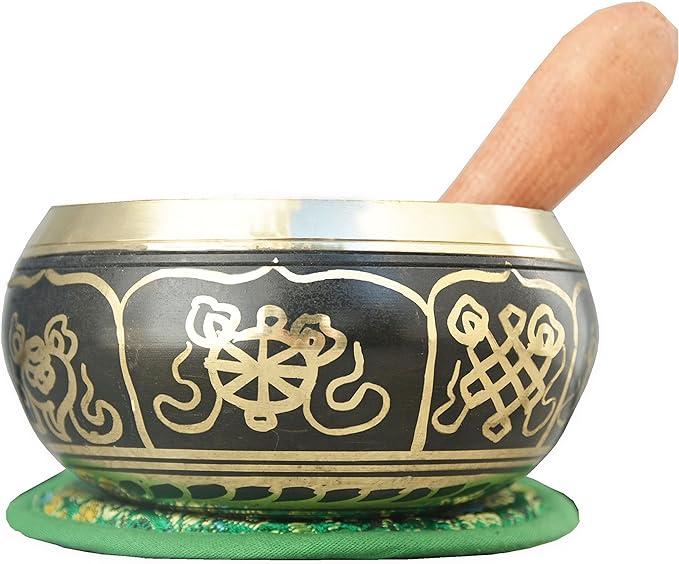 4" Exquisite Tibetan Singing Bowl Set for Meditation ~ Auspicious Eight Lucky Symbols, Buddha Eye