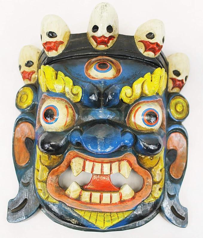 F1075-F725 Hand Crafted Wooden Mask of Hindu God Bhairab Mahakal Wall Hanging Made in Nepal