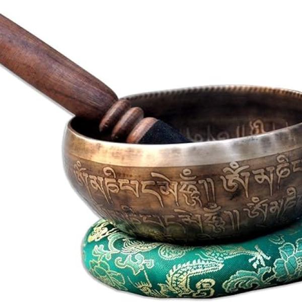 5" Mantra Carved Buddha Tibetan Singing Bowl, Hand Hammered Nepal Yoga Singing Bowls with Cushion & Mallet Striker