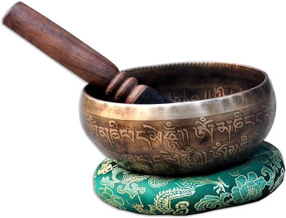 5" Mantra Carved Buddha Tibetan Singing Bowl, Hand Hammered Nepal Yoga Singing Bowls with Cushion & Mallet Striker