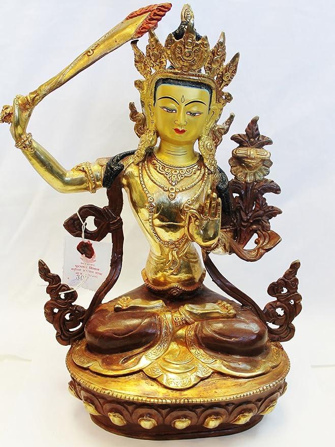 thamelmartUSA F649 Exclusive Gold Plated Copper Statue of Manjushree 13" Tall, Made in Nepal