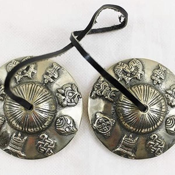 R191/F1107 Auspicious Symbol Tibetan Tingsha~cymbals- 3" Hand Crafted in Nepal