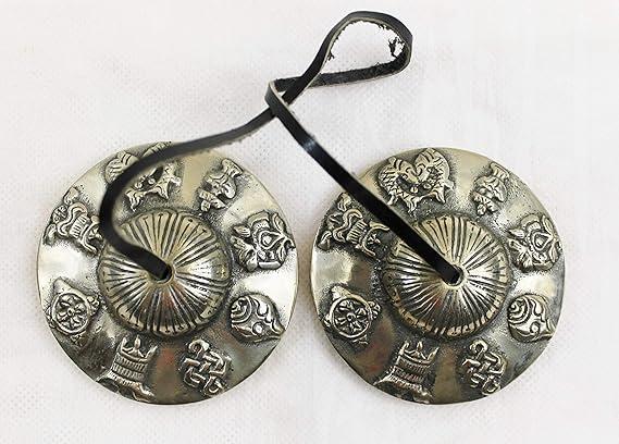 R191/F1107 Auspicious Symbol Tibetan Tingsha~cymbals- 3" Hand Crafted in Nepal