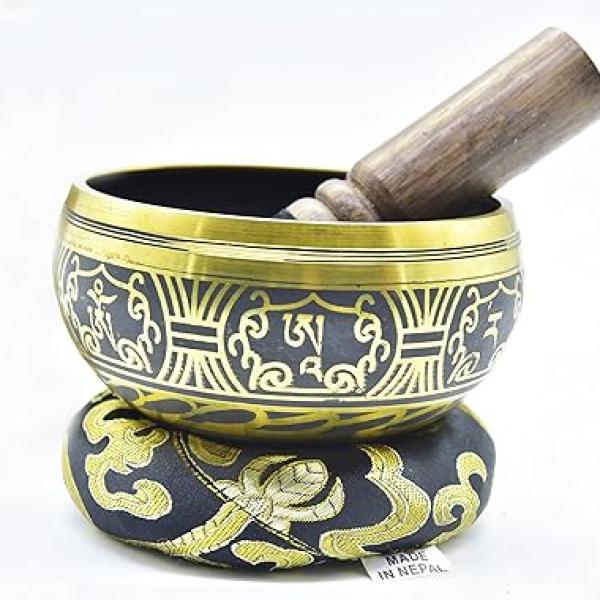 4" Tibetan Meditation Yoga Austomangal Singing Bowl Set with Mallet Cushion (Om Mantra-Tibetan)